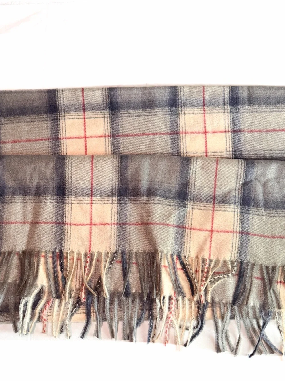 Plaid Fringe Scarf in Gray, Cream & Red